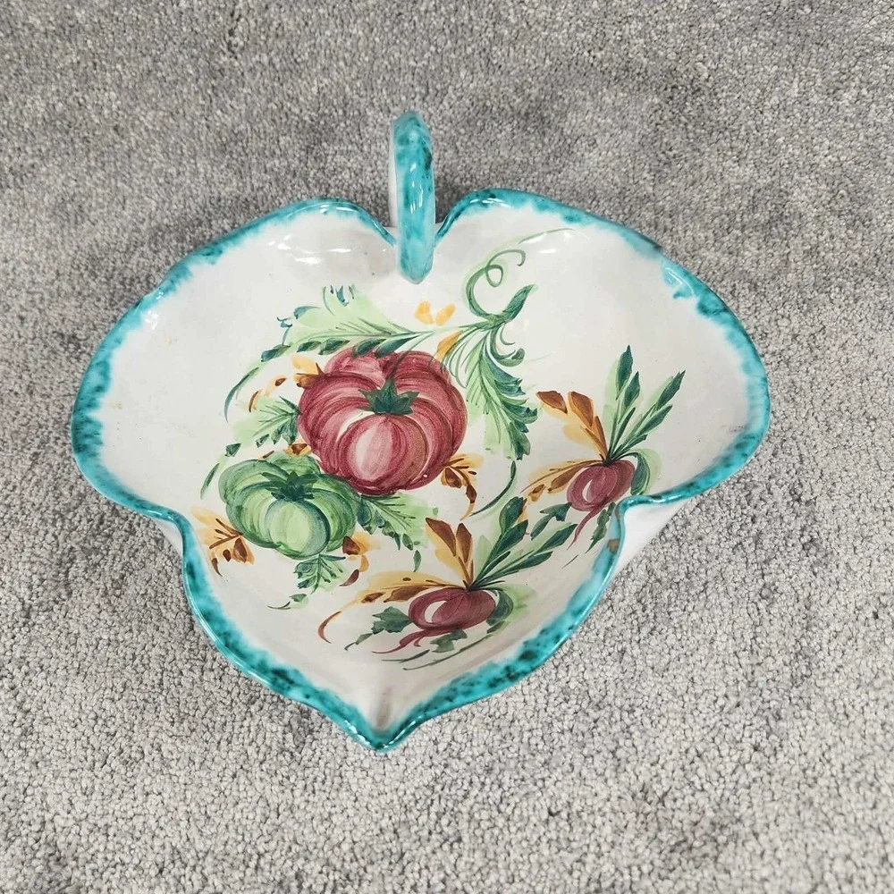 Vintage‎ Italian Hand Painted Pottery Floral Leaf Shaped Bowl Ceramic Dish